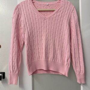 Pink Cable Knit V-Neck Sweater